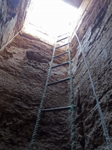 Rope ladder down into the shaft of Meryneith’s tomb. Photo: Lara Weiss.