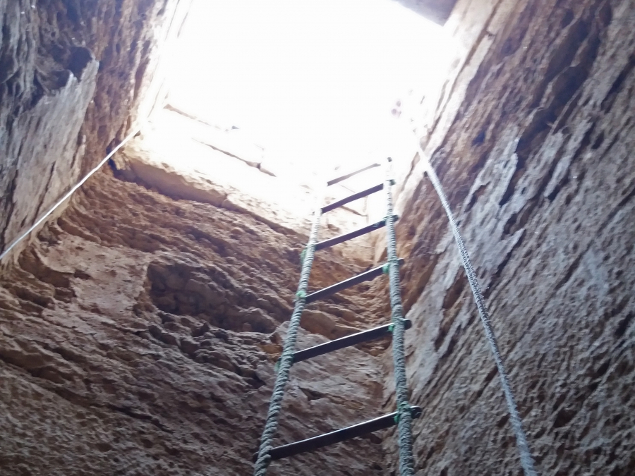 Rope ladder down into the shaft of Meryneith’s tomb. Photo: Lara Weiss.